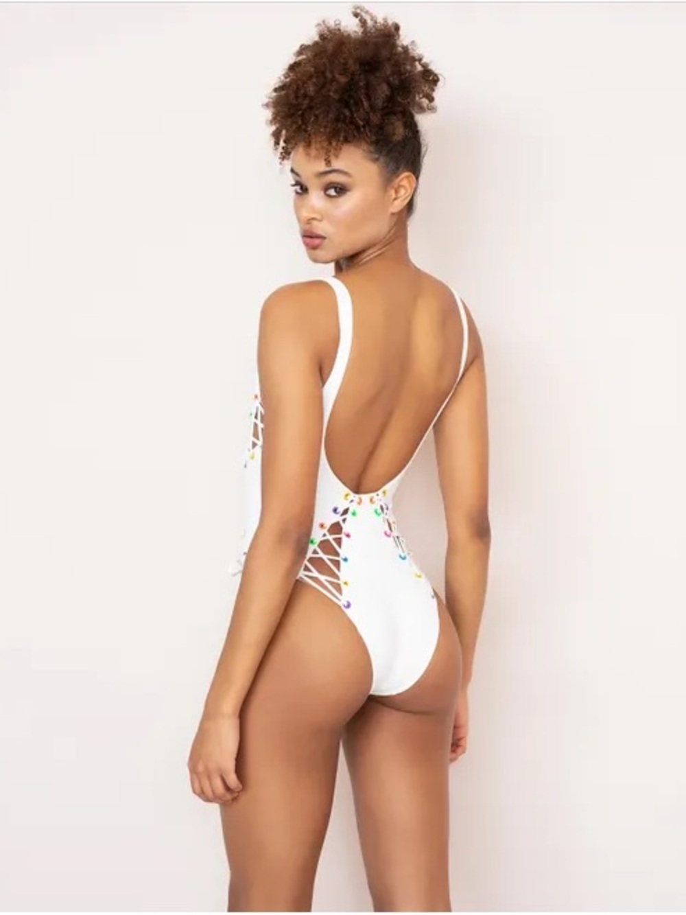 Agent Provocateur Marney White Lace-Up One-Piece Swimsuit with Rainbow Eyelets